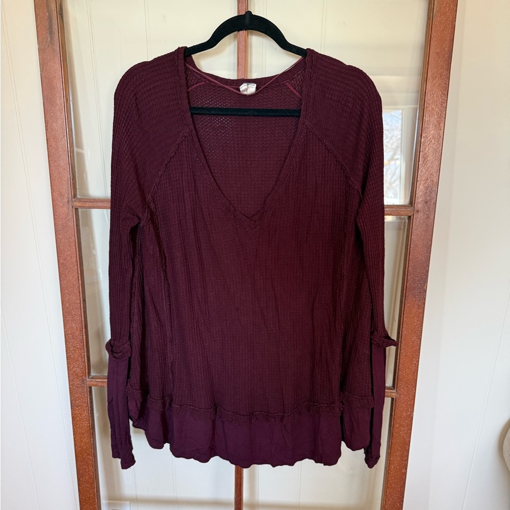 We The Free Laguna Thermal Top Deep Burgundy V-Neck Layered Boho Knit Top Med - Picture 4 of 7